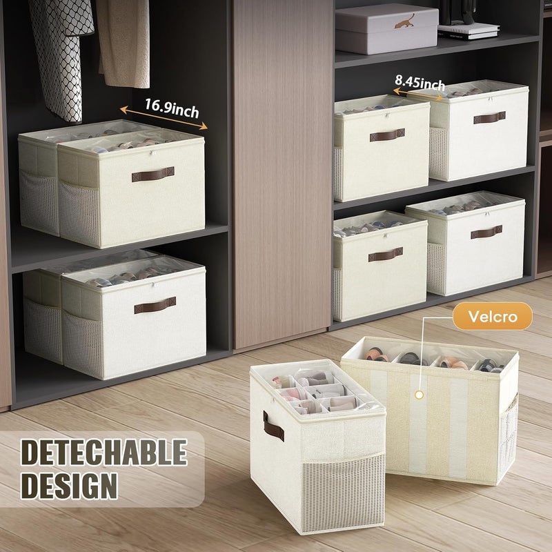Budding Joy 2 Pack Shoe Organizer for Closet, Clear Foldable Shoe Storage Containers Adjustable Dividers Fits 16 Pairs,Shoe Storage Bins Baskets Boxes with Reinforced Handles Beige Yellow Beige - Image 5